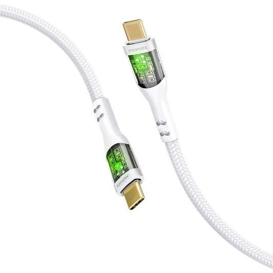 Promate TransLine-CC200 60W Power Delivery Ultra-Fast USB-C Cable with Transparent Shells - White