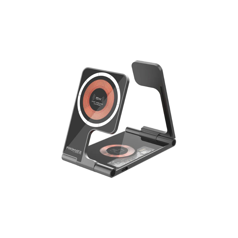 Promate AuraFold-Trio Ultra-Slim Transparent Foldable 15W MagSafe compatible Wireless Charging Station