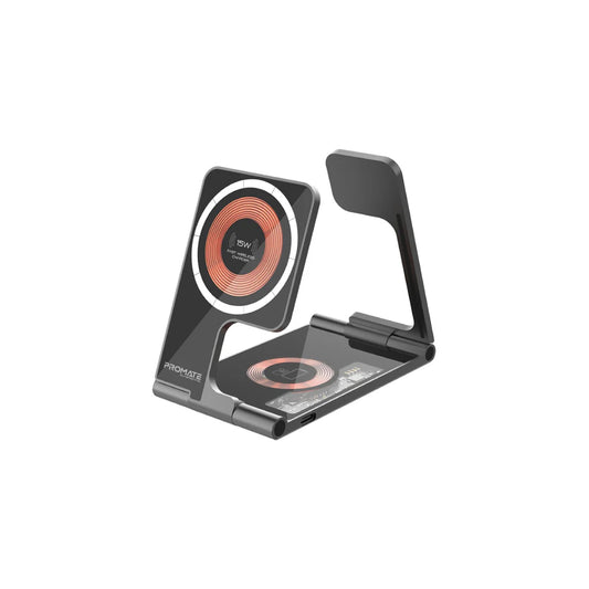 Promate AuraFold-Trio Ultra-Slim Transparent Foldable 15W MagSafe compatible Wireless Charging Station