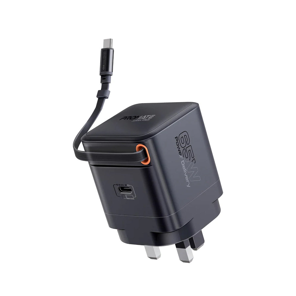 Promate Cubix-R65 65W PD GanFast™ Charging Adapter with Retractable USB-C Cable