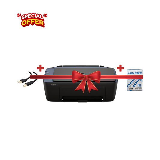 A black printer shown on a white background with a red gift ribbon and bow graphic across it, plus a 'SPECIAL OFFER' badge in the top left and a copy paper pack icon on the right.