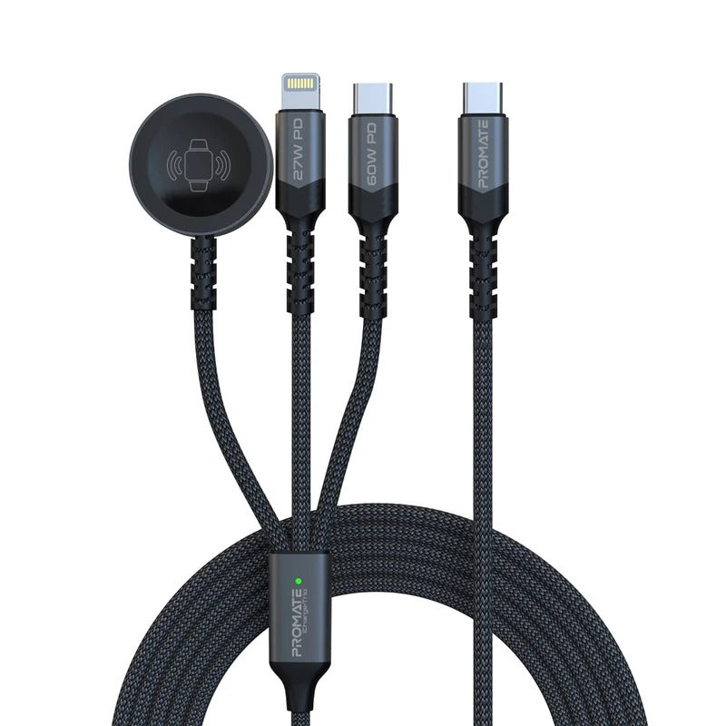 Promate iCharge-Trio 5-in-1 Multi-Connector Cable for Charging & Data Transfer with Apple Watch Charger