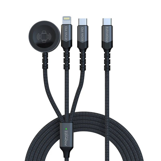 Promate iCharge-Trio 5-in-1 Multi-Connector Cable for Charging & Data Transfer with Apple Watch Charger