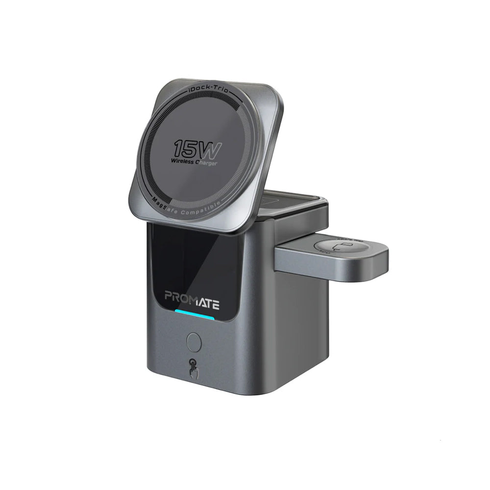 Promate iDock-Trio Ultra-Compact Auto-Fold 15W MagSafe compatible wireless charging station