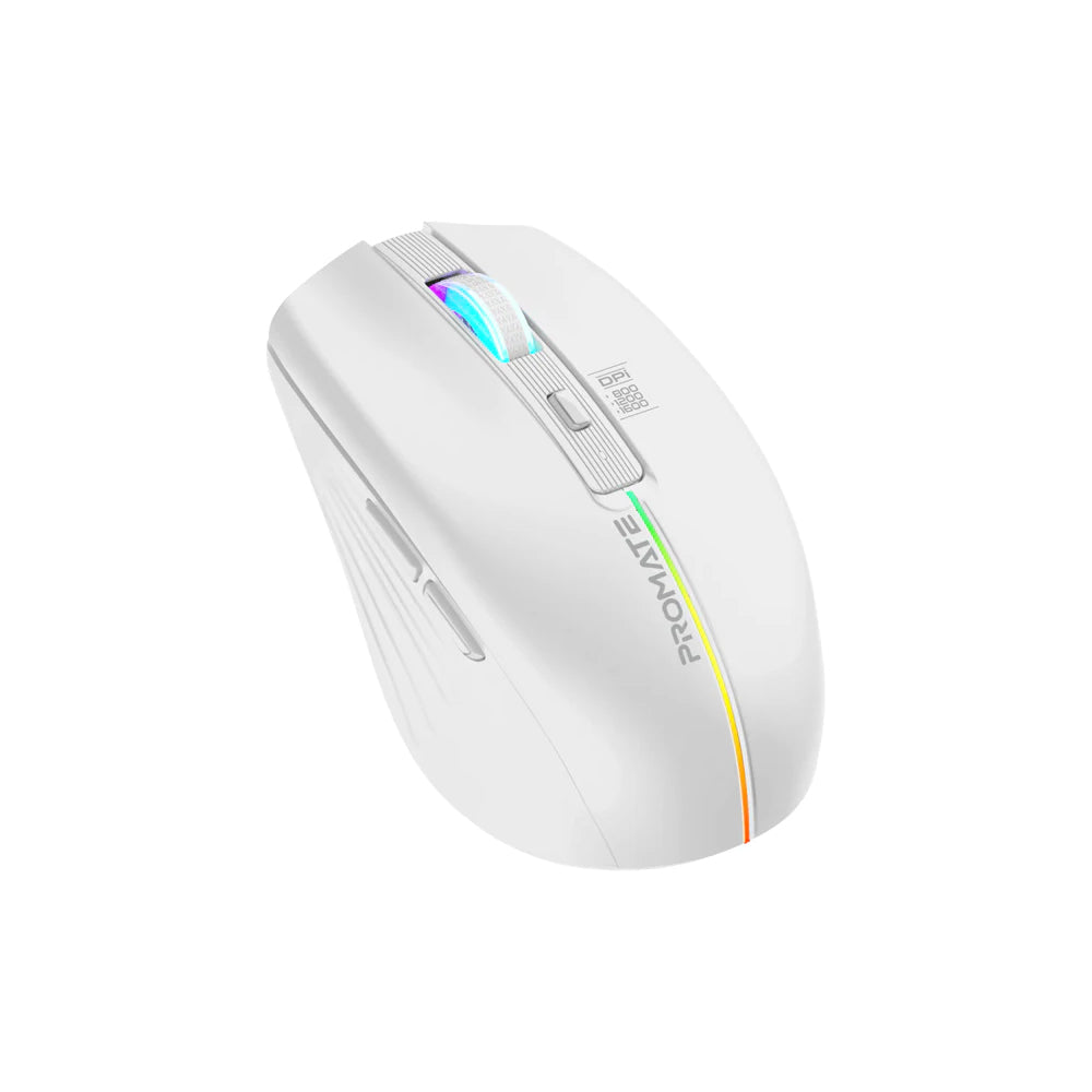 PROMATE Kitt 2.4GHz Wireless Ergonomic Optical Mouse with LED Rainbow Lights - White