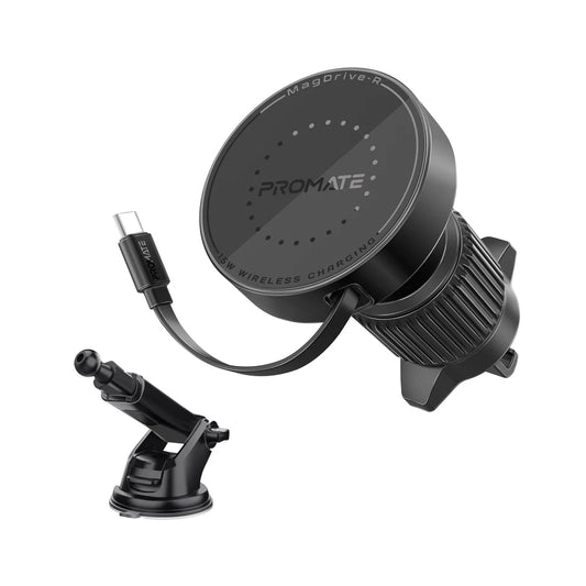 Promate MagDrive-R 15W MagSafe Compatible Car Wireless Charger with Retractable Cable