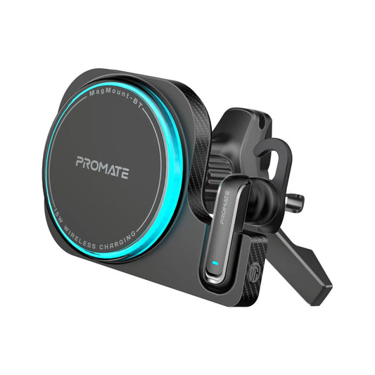 Promate MagMount-BT 2-in-1 MagSafe Compatible 15W Wireless Car Charger with Built-in Wireless Mono ENC Earphone