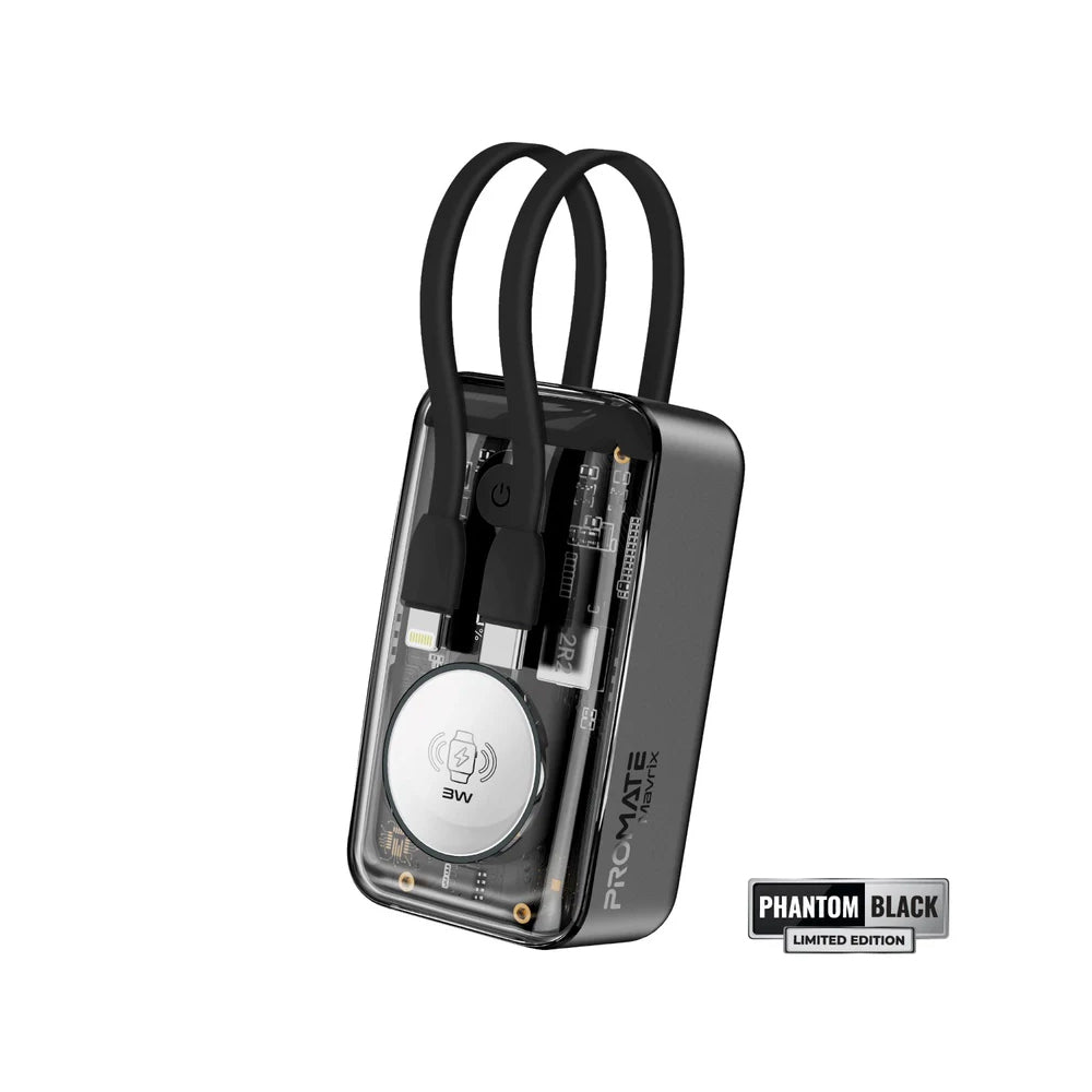 Promate Mavrix 10000mAh 35W Transparent Smartphone and Apple Watch Charging Power Bank with USB-C & Lightning Cable - Black