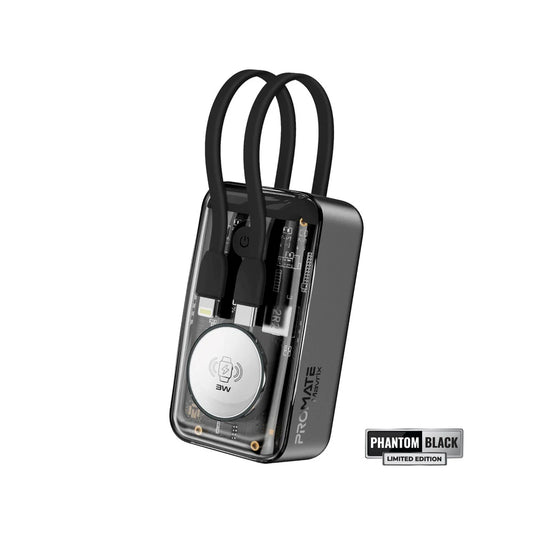 Promate Mavrix 10000mAh 35W Transparent Smartphone and Apple Watch Charging Power Bank with USB-C & Lightning Cable - Black