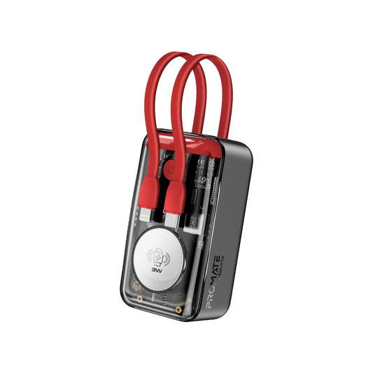 Promate Mavrix 10000mAh 35W Transparent Smartphone and Apple Watch Charging Power Bank with USB-C & Lightning Cable - Red