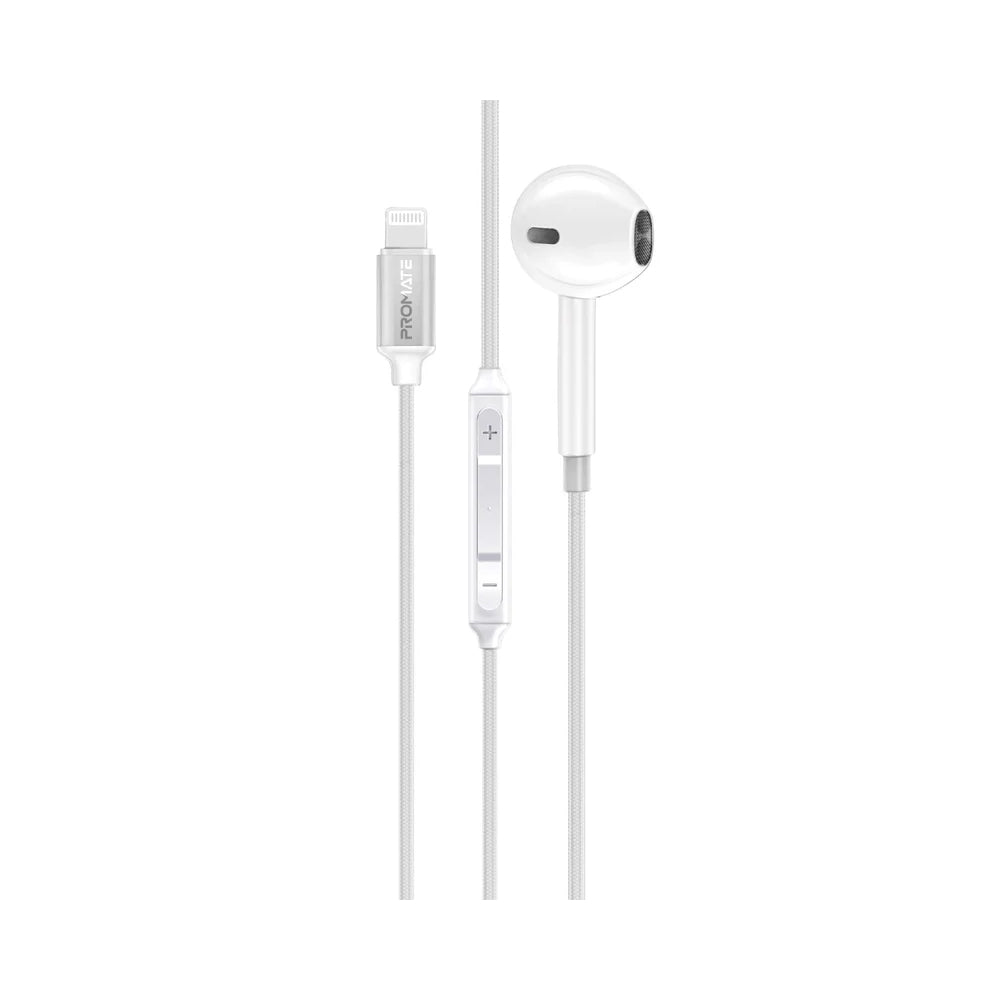 Promate MonoPod-LT MFI Certified Ergonomic In-Ear Wired Mono Earphone with Lightning Connector - White