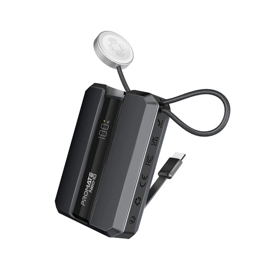 Promate Neo-10 10000mAh 30W Power Delivery Smartphone & Apple Watch Charging Power Bank with in-built USB-C Cable - Black