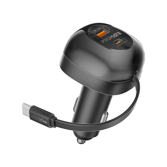 Promate PowerDrive-RC65 62W Multi-Port Car Charger with Retractable USB-C Cable