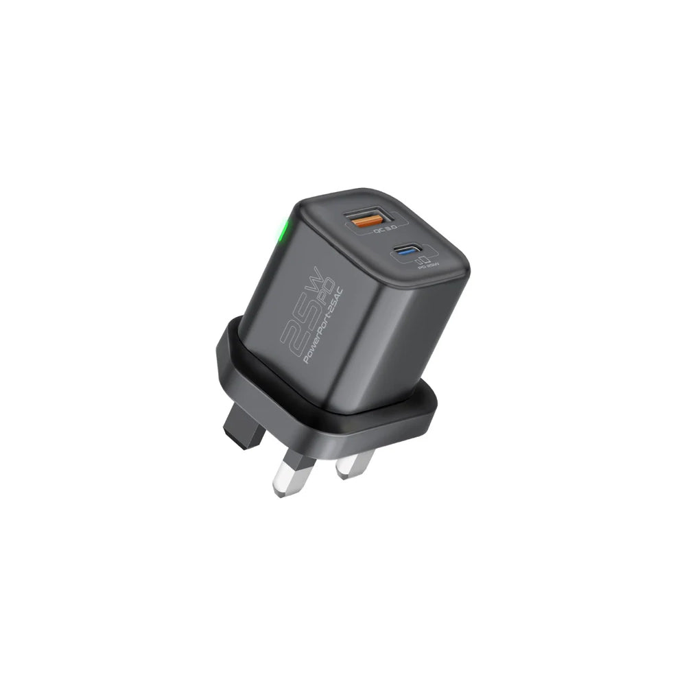 Promate PowerPort-25AC Ultra-Fast Dual Port AC Charger with 25W Power Delivery and QC 3.0 - Black