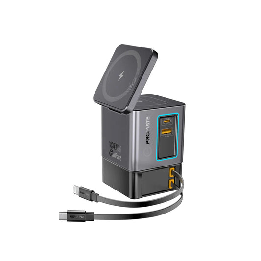 Promate PowerSync-105 105W GaNFast™ Multi-Port Wireless Charging Station with Dual Retractable Cables