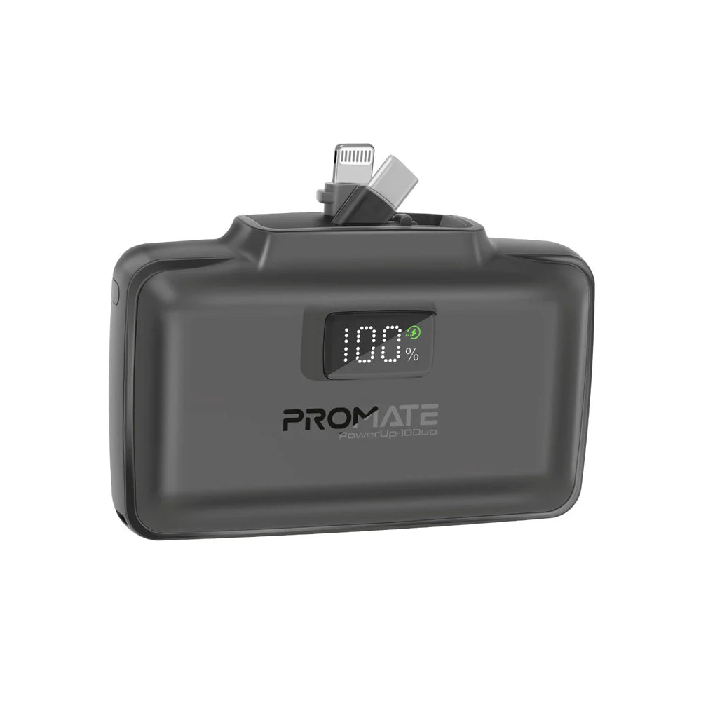 Promate PowerUp-10Duo 10,000 mAh Ultra-Compact Fast Charging Power Bank with Dual folding USB-C and Lightning Connectors - Bl