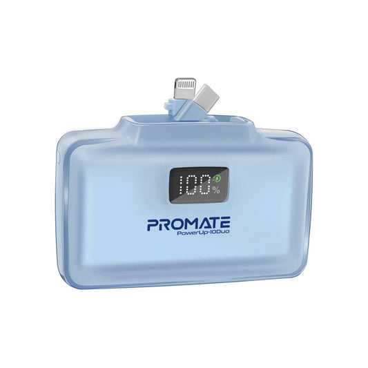 Promate PowerUp-10Duo 10,000 mAh Ultra-Compact Fast Charging Power Bank with Dual folding USB-C and Lightning Connectors - Bl