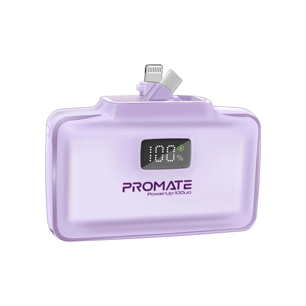 Promate PowerUp-10Duo 10,000 mAh Ultra-Compact Fast Charging Power Bank with Dual folding USB-C and Lightning Connectors - Pu