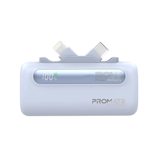 Promate PowerUp-Duo 5000mAh Ultra-Compact Fast Charging Power Bank with Dual foldable USB-C™ & Lightning Connectors - Blue