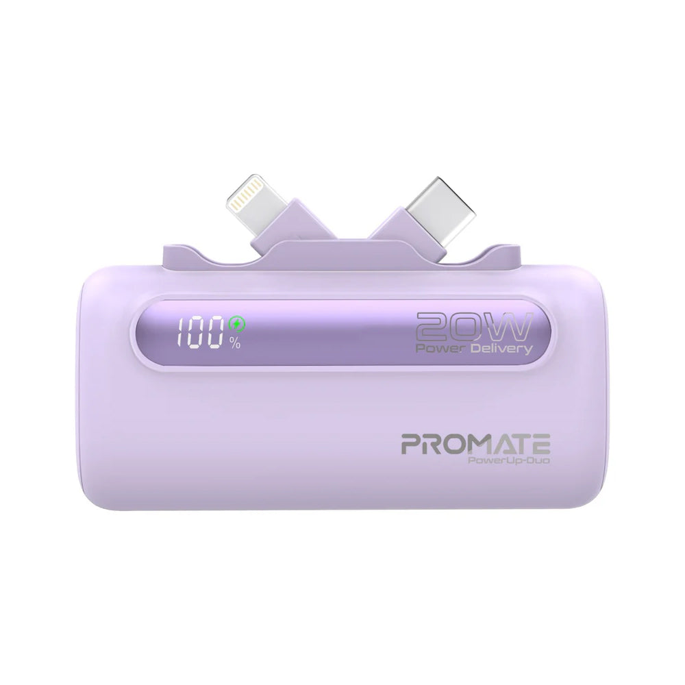 Promate PowerUp-Duo 5000mAh Ultra-Compact Fast Charging Power Bank with Dual foldable USB-C™ & Lightning Connectors - Purple