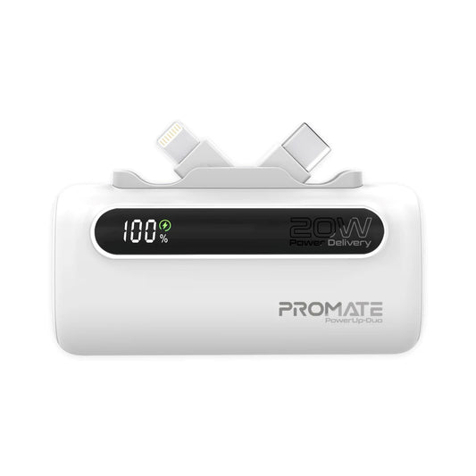 Promate PowerUp-Duo 5000mAh Ultra-Compact Fast Charging Power Bank with Dual foldable USB-C™ & Lightning Connectors - White