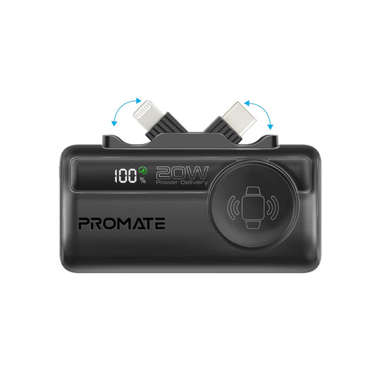 Promate PowerUp-Trio 5000mAh Ultra-Compact Fast Charging Power Bank with In-built USB-C, Lightning Connectors & Apple Watch C