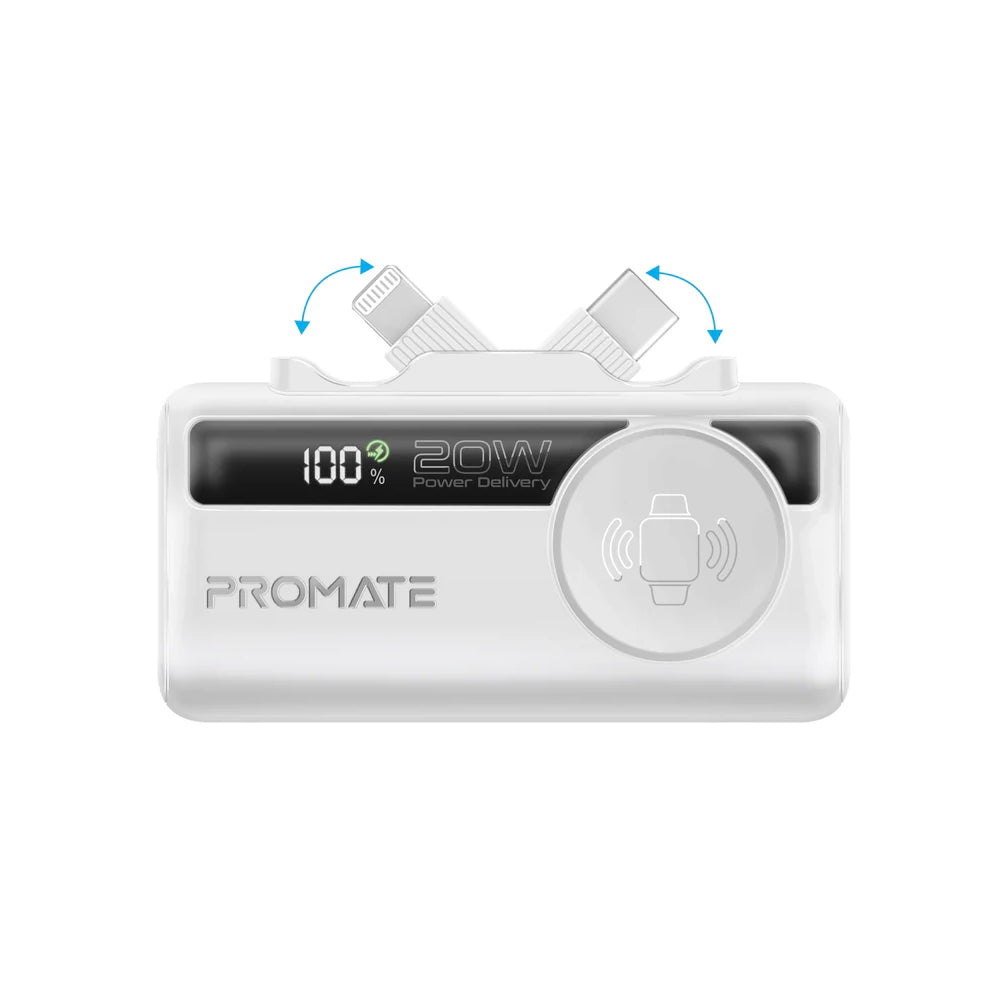 Promate PowerUp-Trio 5000mAh Ultra-Compact Fast Charging Power Bank with In-built USB-C, Lightning Connectors & Apple Watch C