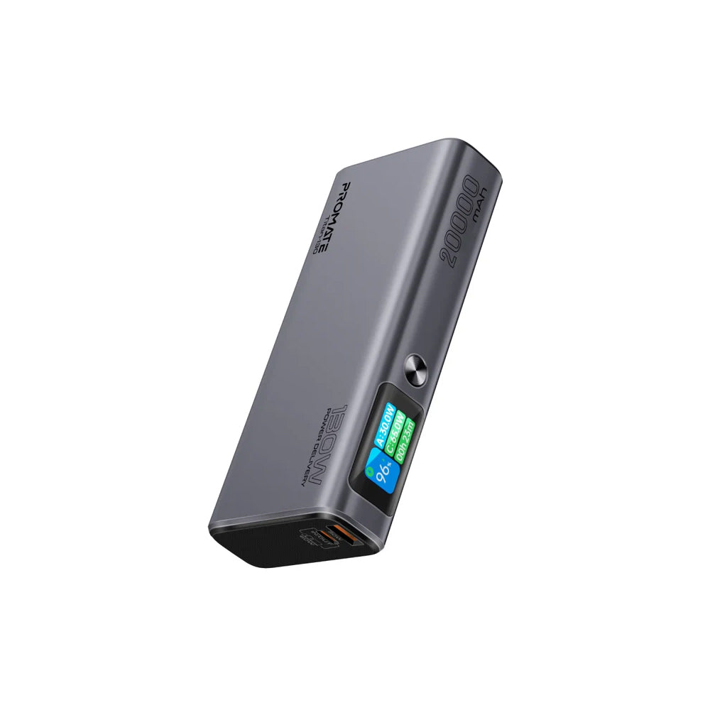 Promate Titan-130 20000mAh Sleek 130W Multi-Port Power Delivery Power Bank with TFT LCD Screen