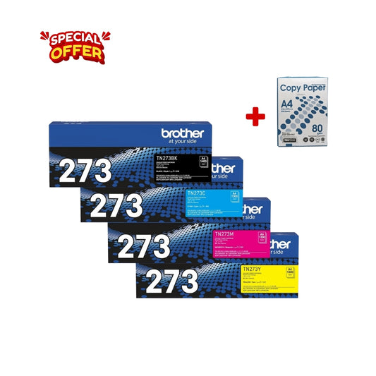 Brother Genuine TN273 Black-Cyan-Magenta-Yellow Toner Combo Pack + A4 Paper Packet
