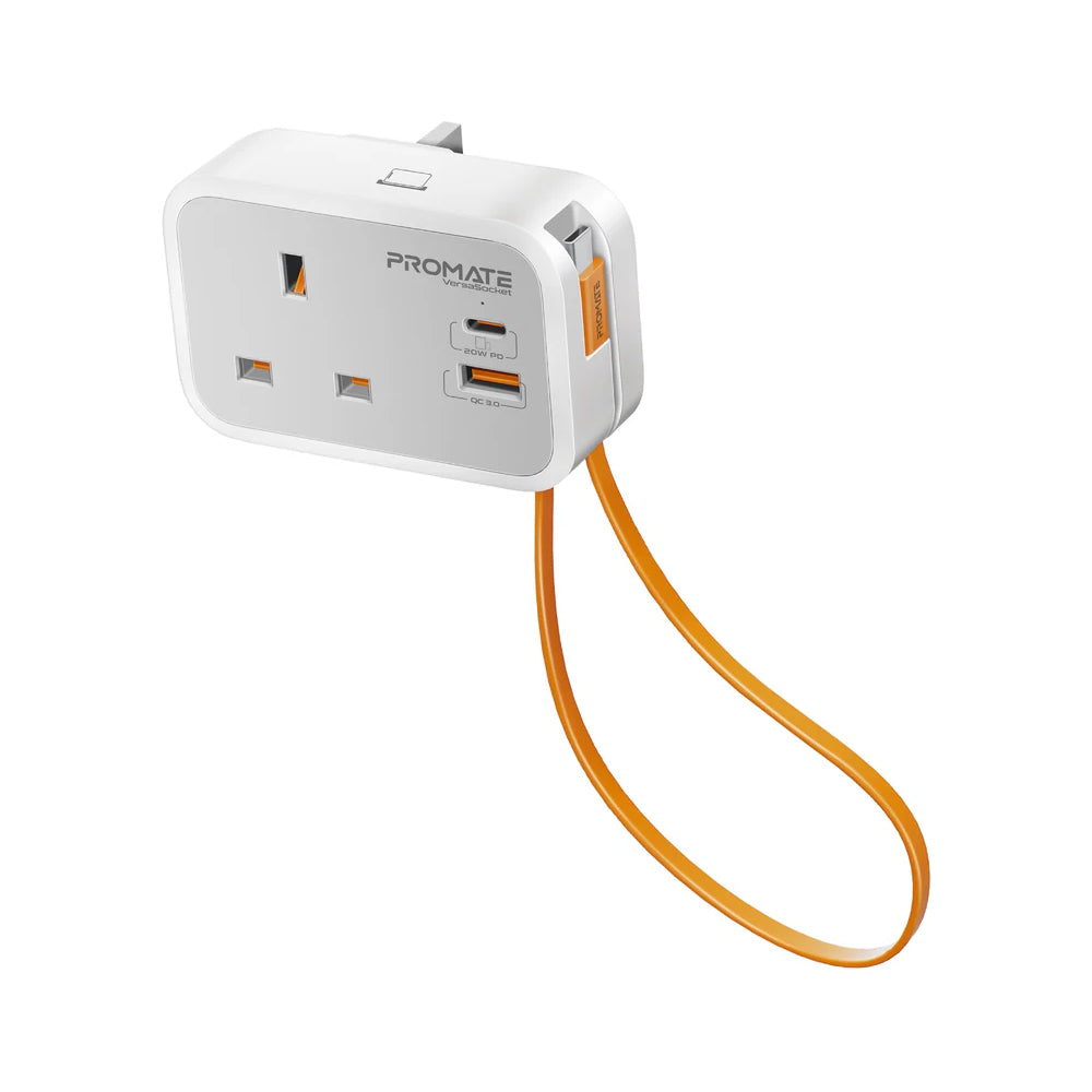 Promate VersaSocket Multi-Function AC Socket Charger with Built-In 20W PD USB-C Cable